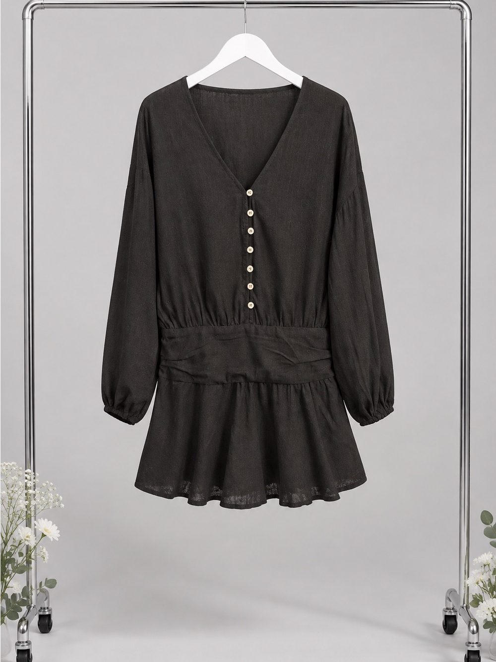 Black V-Neck Long Sleeve Romper with Button Front